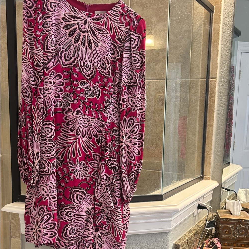 LOFT Vibrant Pink and Brown Floral Long Sleeve Dress